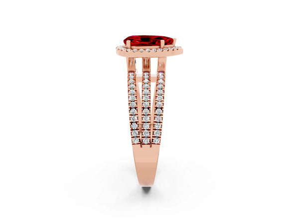 Rose gold Pear Cut Ruby Halo Engagement Ring with Split Shank and Four-Prong Setting