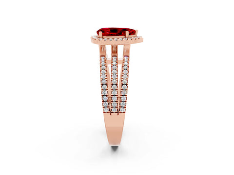 Rose gold {shape_name} Ruby Halo Engagement Ring with Split Shank and Four-Prong Setting_2