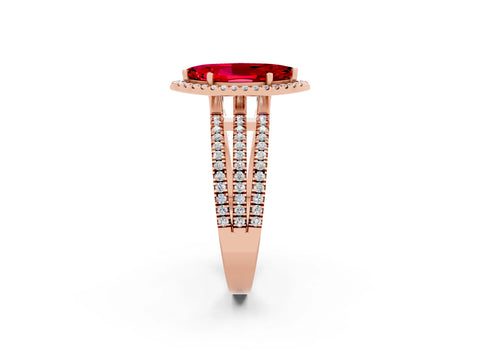 Rose gold {shape_name} Ruby Halo Engagement Ring with Split Shank and Four-Prong Setting_2