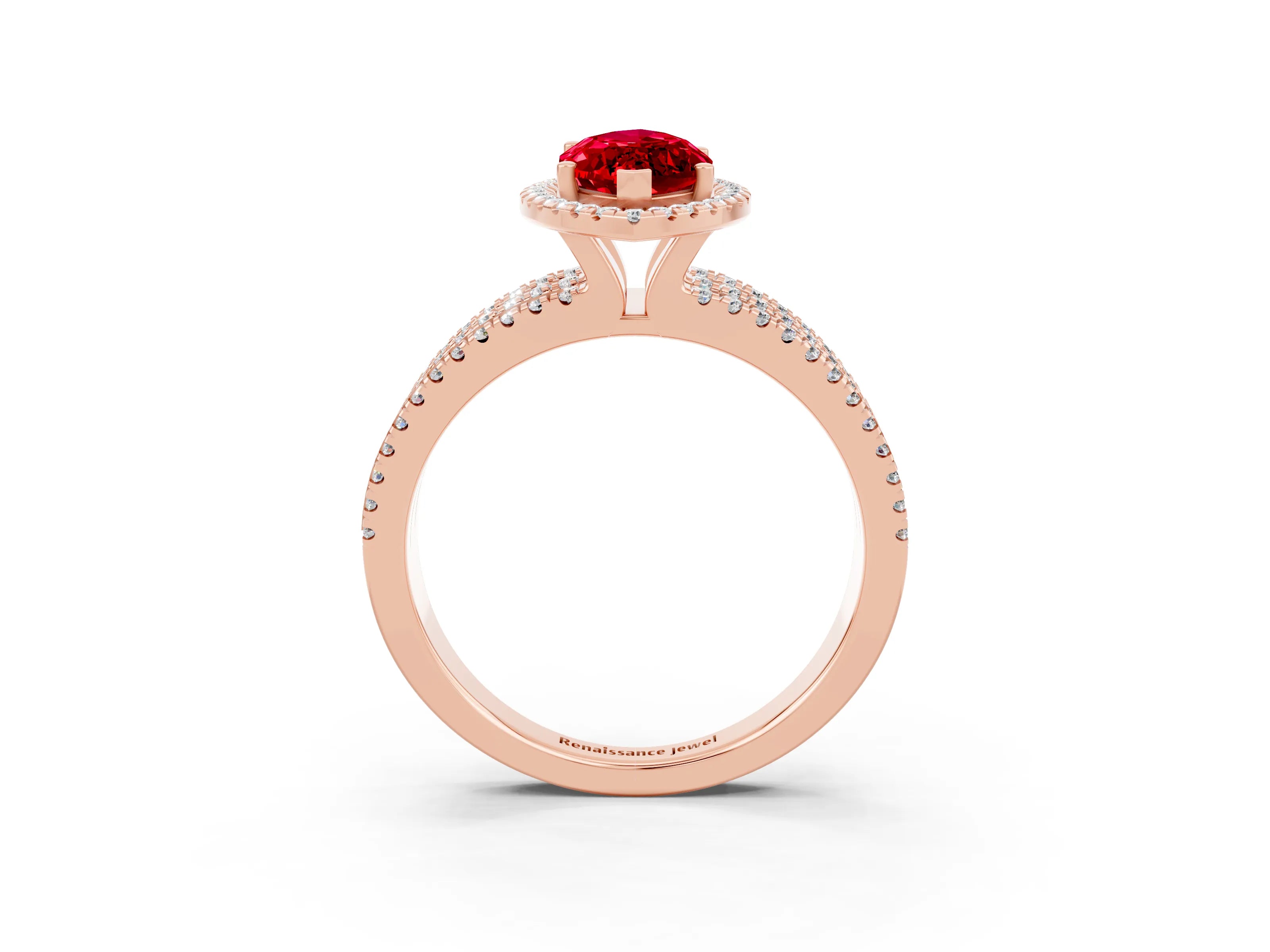 Rose gold {shape_name} Ruby Halo Engagement Ring with Split Shank and Four-Prong Setting_3