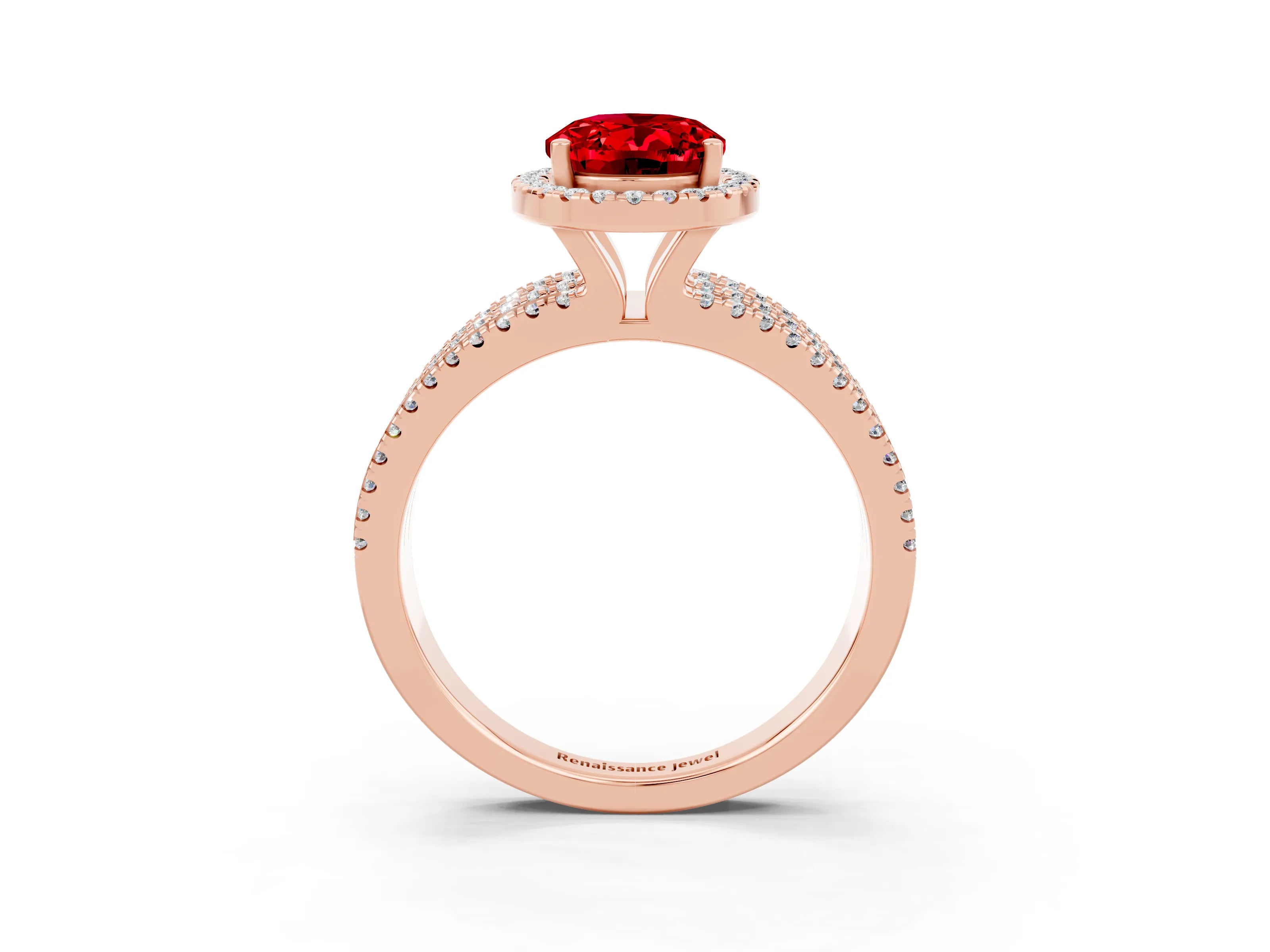 Rose gold {shape_name} Ruby Halo Engagement Ring with Split Shank and Four-Prong Setting_3