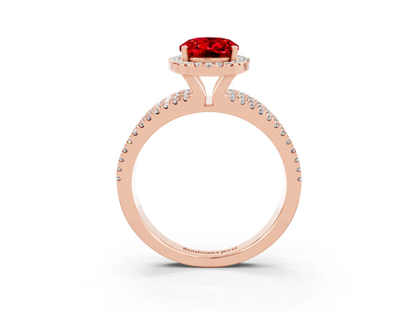 Rose gold Oval Cut Ruby Halo Engagement Ring with Split Shank and Four-Prong Setting