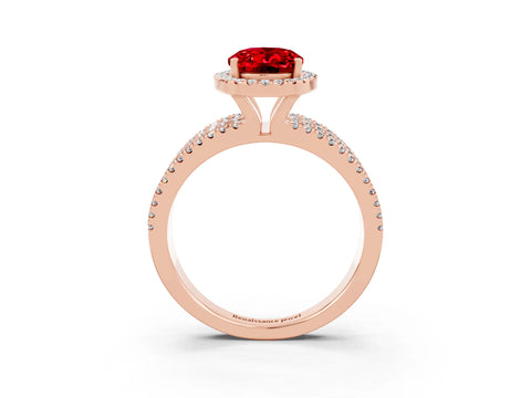 Rose gold {shape_name} Ruby Halo Engagement Ring with Split Shank and Four-Prong Setting_3