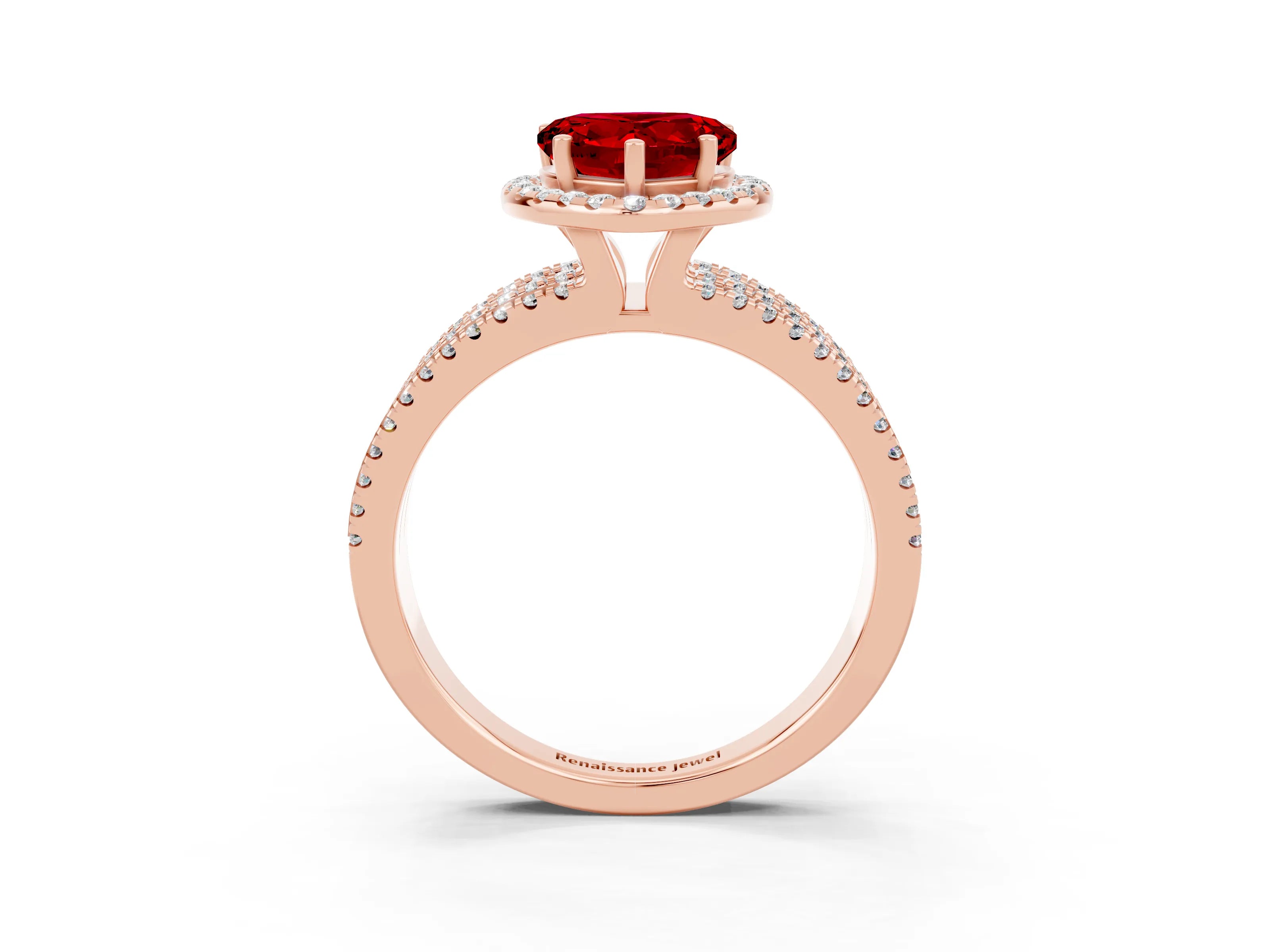 Rose gold {shape_name} Ruby Halo Engagement Ring with Split Shank and Four-Prong Setting_3