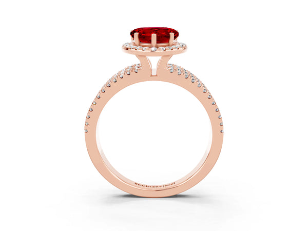 Rose gold Heart Cut Ruby Halo Engagement Ring with Split Shank and Four-Prong Setting