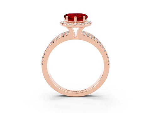 Rose gold {shape_name} Ruby Halo Engagement Ring with Split Shank and Four-Prong Setting_3