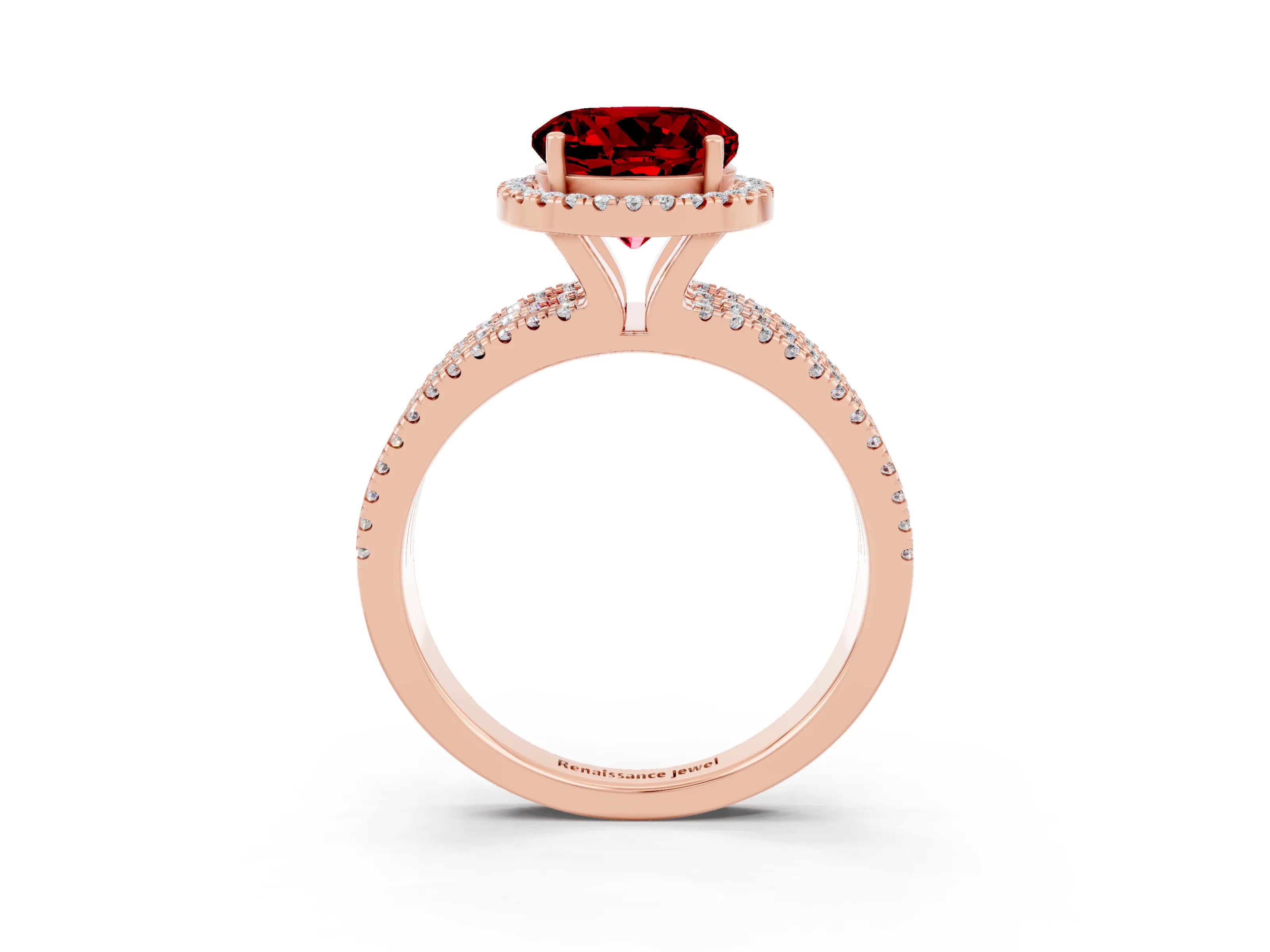 Rose gold {shape_name} Ruby Halo Engagement Ring with Split Shank and Four-Prong Setting_3