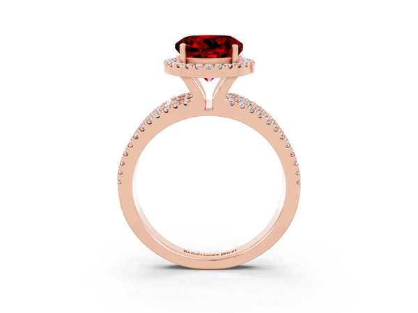 Rose gold Round Cut Ruby Halo Engagement Ring with Split Shank and Four-Prong Setting