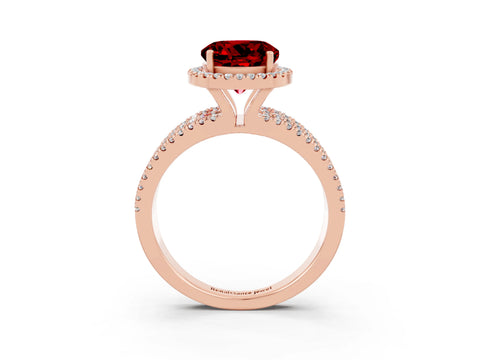 Rose gold {shape_name} Ruby Halo Engagement Ring with Split Shank and Four-Prong Setting_3