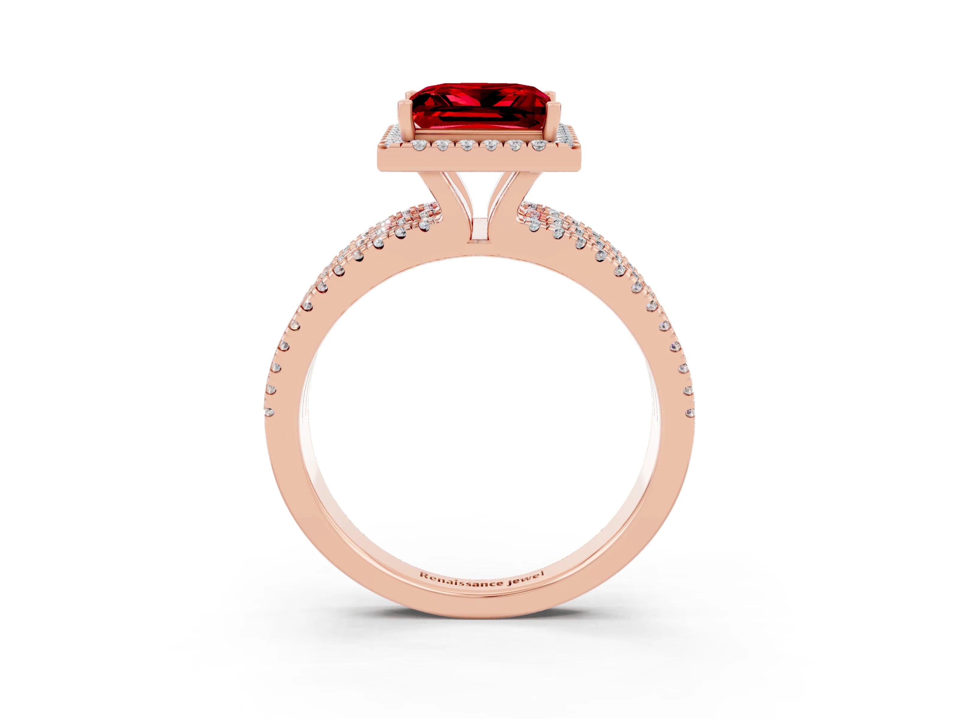 Rose gold {shape_name} Ruby Halo Engagement Ring with Split Shank and Four-Prong Setting_3