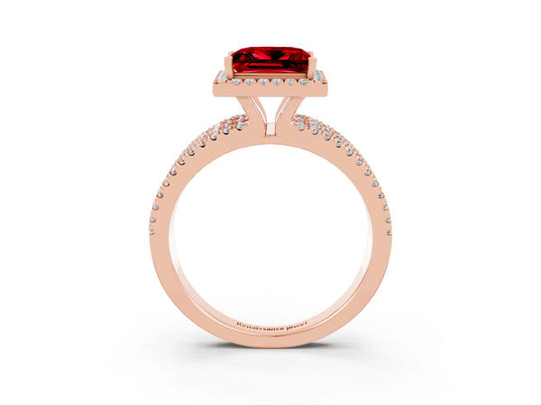 Rose gold Princess Cut Ruby Halo Engagement Ring with Split Shank and Four-Prong Setting