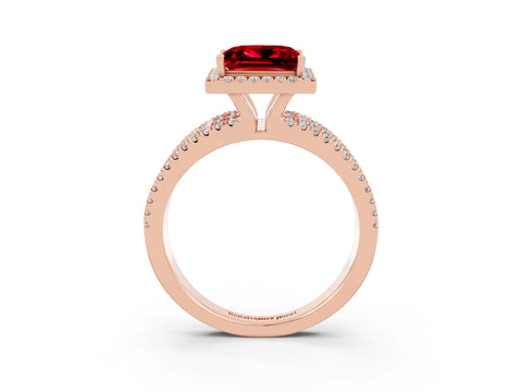 Rose gold {shape_name} Ruby Halo Engagement Ring with Split Shank and Four-Prong Setting_3