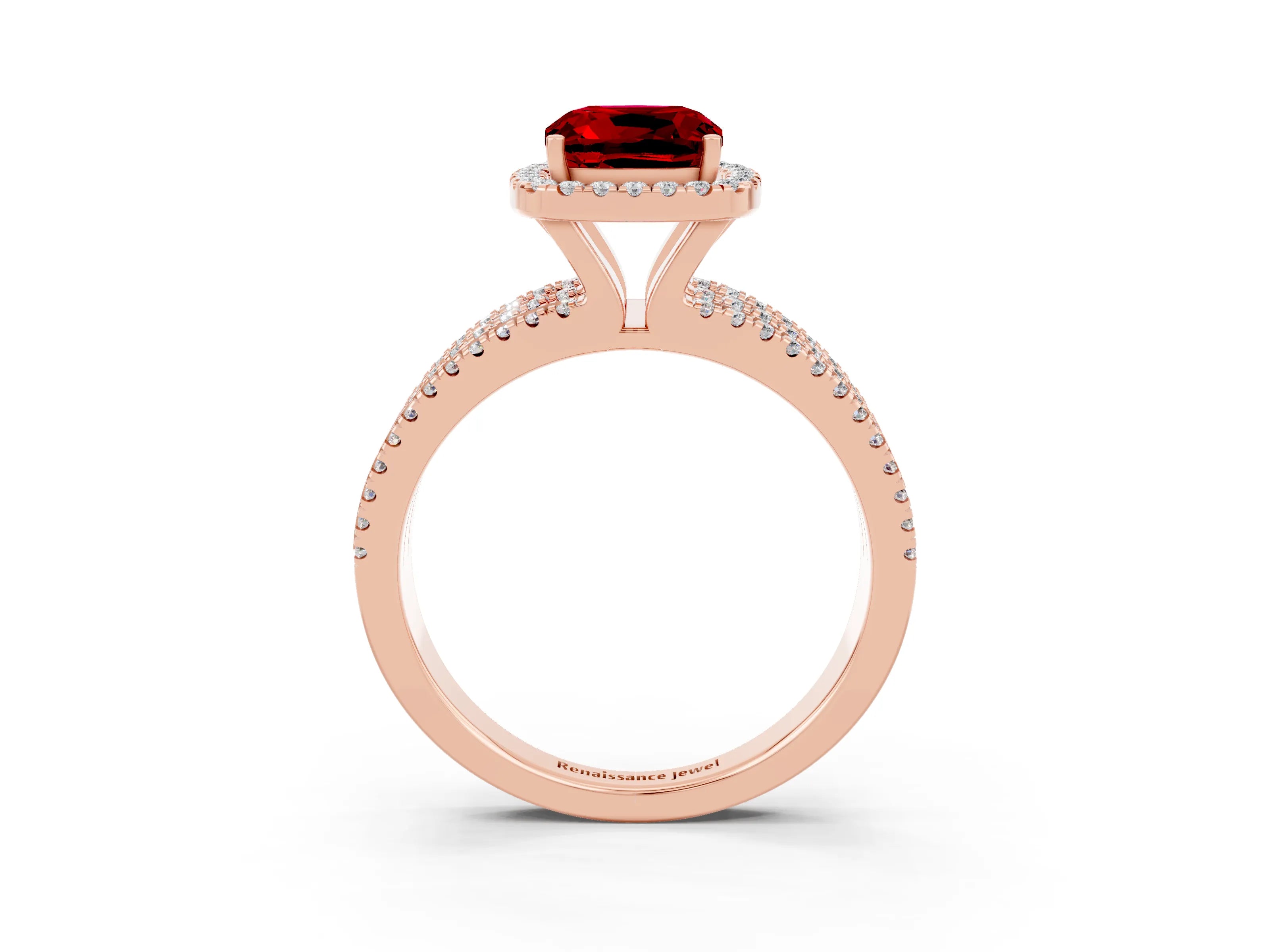 Rose gold {shape_name} Ruby Halo Engagement Ring with Split Shank and Four-Prong Setting_3