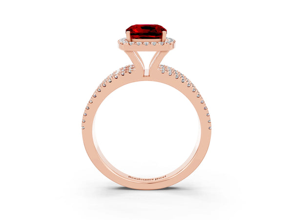 Rose gold Cushion Cut Ruby Halo Engagement Ring with Split Shank and Four-Prong Setting