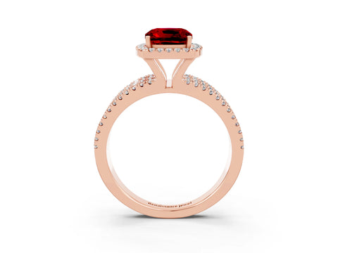 Rose gold {shape_name} Ruby Halo Engagement Ring with Split Shank and Four-Prong Setting_3