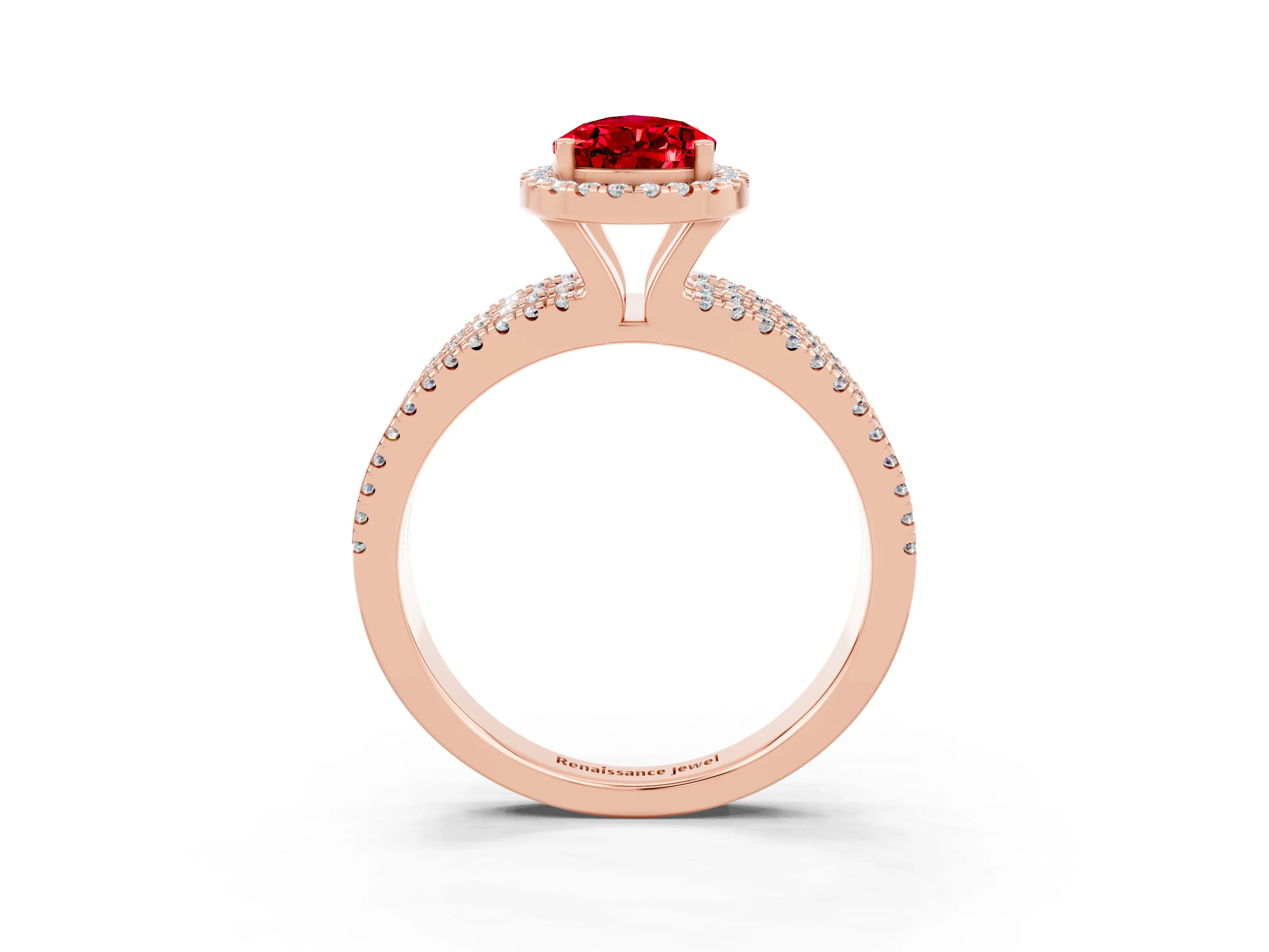 Rose gold {shape_name} Ruby Halo Engagement Ring with Split Shank and Four-Prong Setting_3