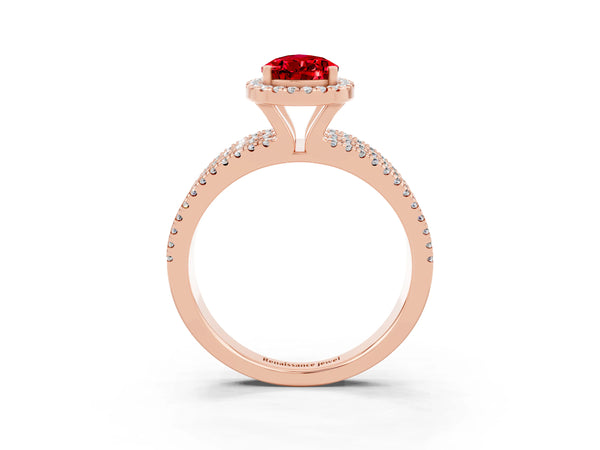Rose gold Pear Cut Ruby Halo Engagement Ring with Split Shank and Four-Prong Setting