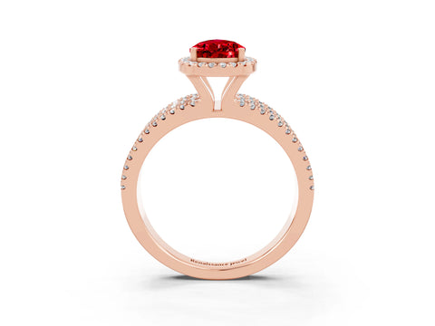 Rose gold {shape_name} Ruby Halo Engagement Ring with Split Shank and Four-Prong Setting_3