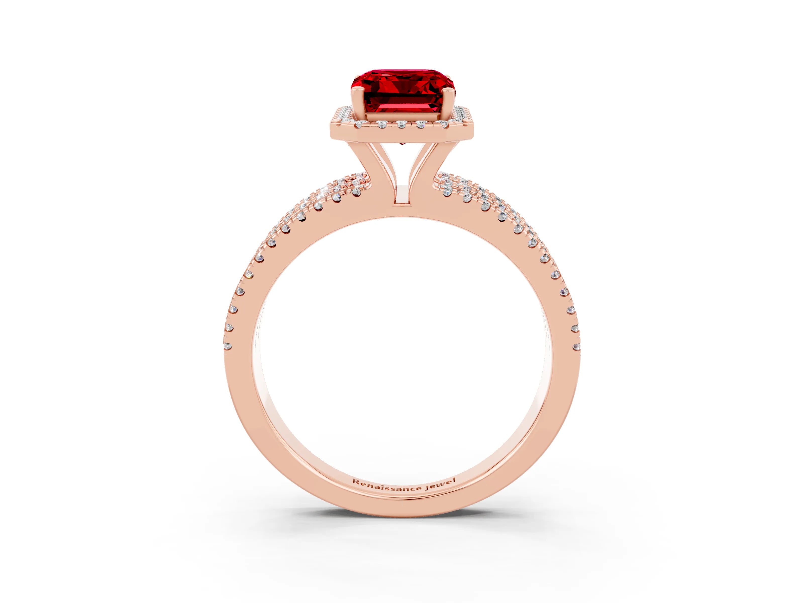 Rose gold {shape_name} Ruby Halo Engagement Ring with Split Shank and Four-Prong Setting_3
