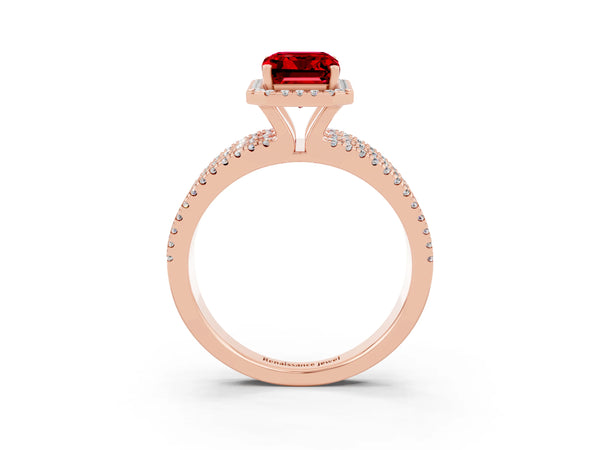 Rose gold Emerald Cut Ruby Halo Engagement Ring with Split Shank and Four-Prong Setting