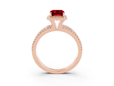 Rose gold {shape_name} Ruby Halo Engagement Ring with Split Shank and Four-Prong Setting_3