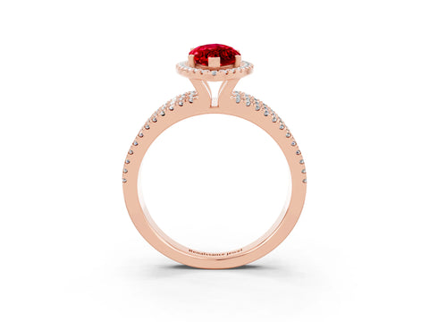Rose gold {shape_name} Ruby Halo Engagement Ring with Split Shank and Four-Prong Setting_3