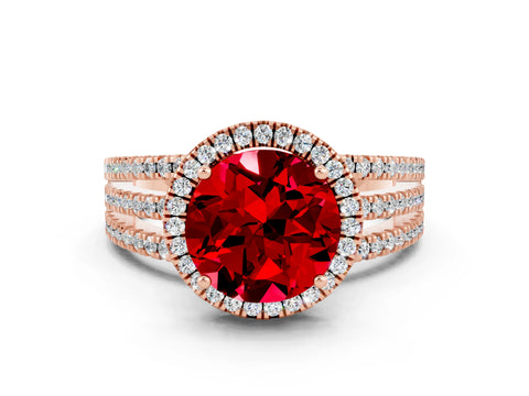 Rose gold {shape_name} Ruby Halo Engagement Ring with Split Shank and Four-Prong Setting