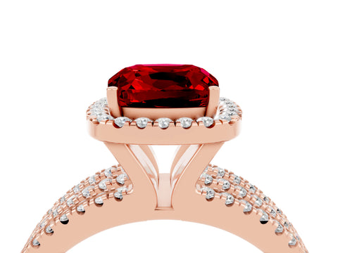Rose gold {shape_name} Ruby Halo Engagement Ring with Split Shank and Four-Prong Setting_4