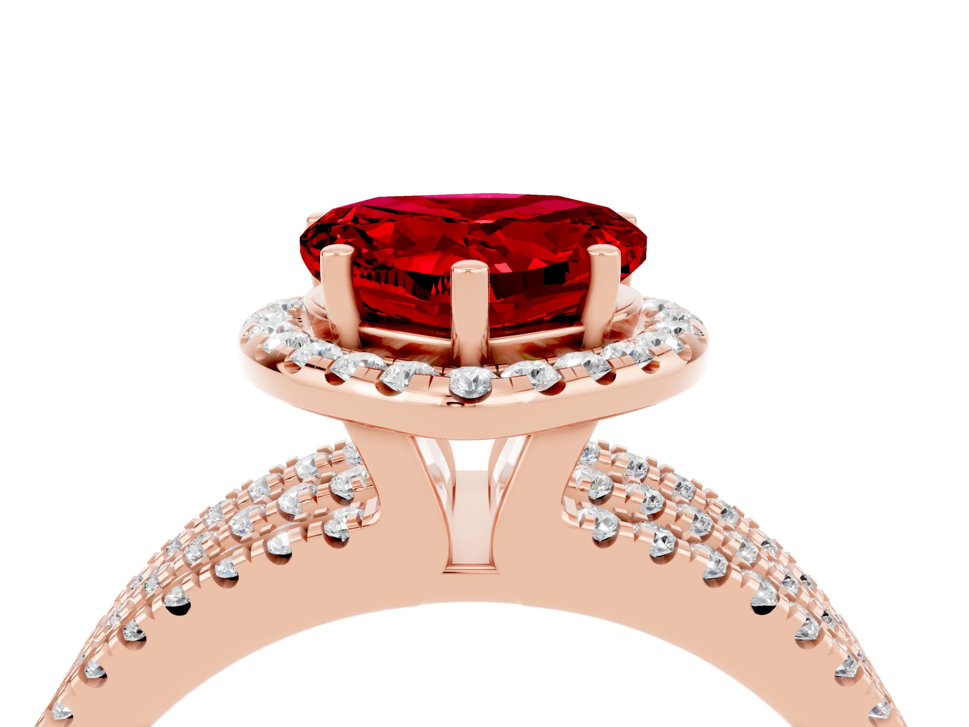 Rose gold {shape_name} Ruby Halo Engagement Ring with Split Shank and Four-Prong Setting_4