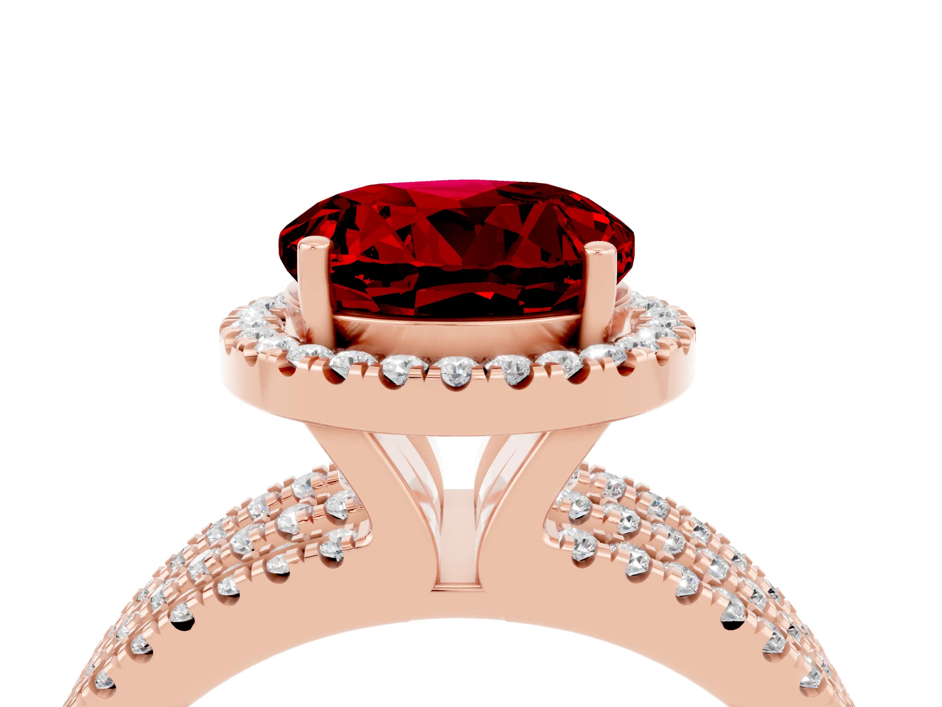Rose gold {shape_name} Ruby Halo Engagement Ring with Split Shank and Four-Prong Setting_4