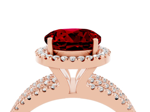 Rose gold {shape_name} Ruby Halo Engagement Ring with Split Shank and Four-Prong Setting_4