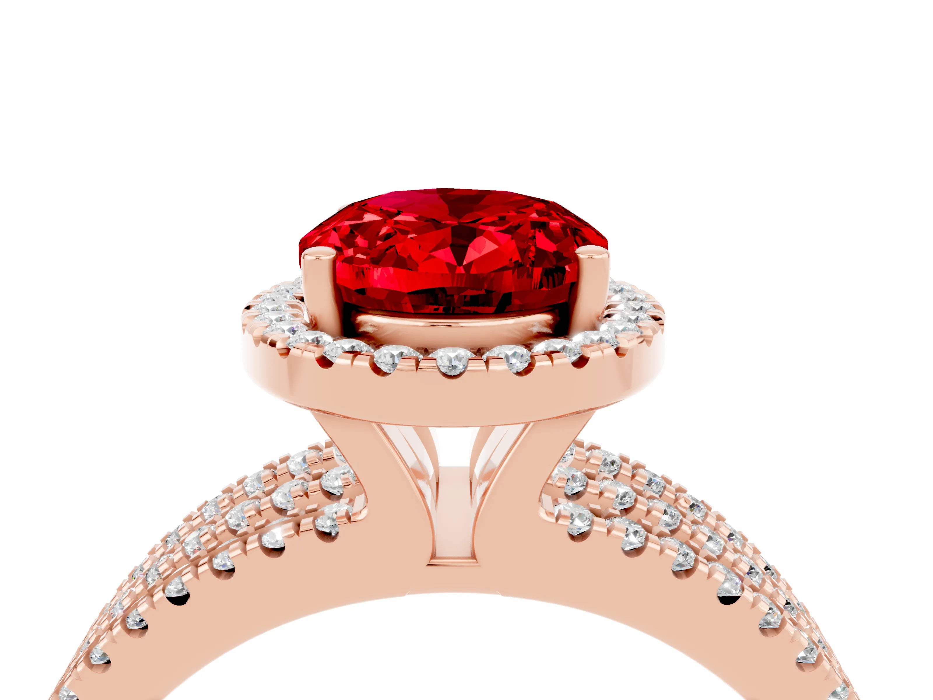 Rose gold {shape_name} Ruby Halo Engagement Ring with Split Shank and Four-Prong Setting_4