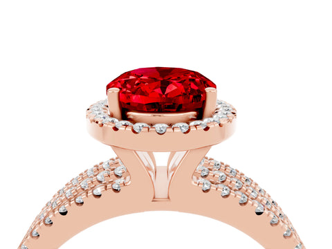 Rose gold {shape_name} Ruby Halo Engagement Ring with Split Shank and Four-Prong Setting_4