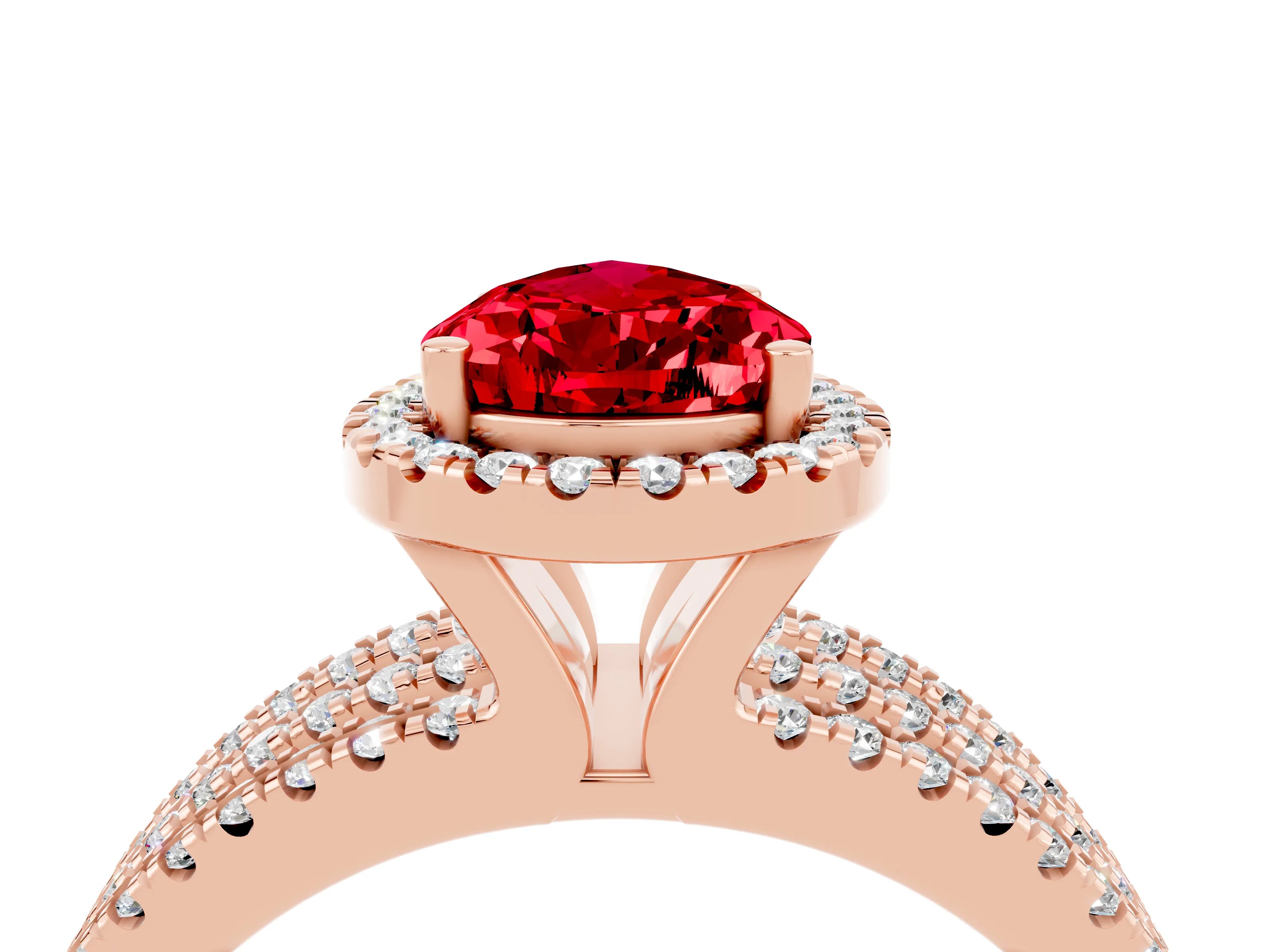 Rose gold {shape_name} Ruby Halo Engagement Ring with Split Shank and Four-Prong Setting_4