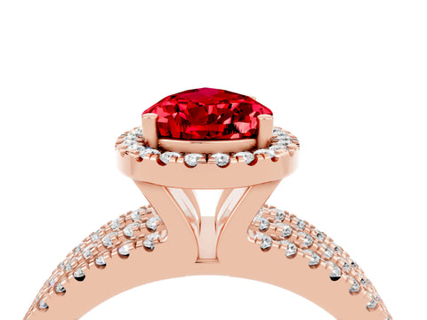 Rose gold {shape_name} Ruby Halo Engagement Ring with Split Shank and Four-Prong Setting_4