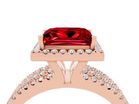 Rose gold {shape_name} Ruby Halo Engagement Ring with Split Shank and Four-Prong Setting_4