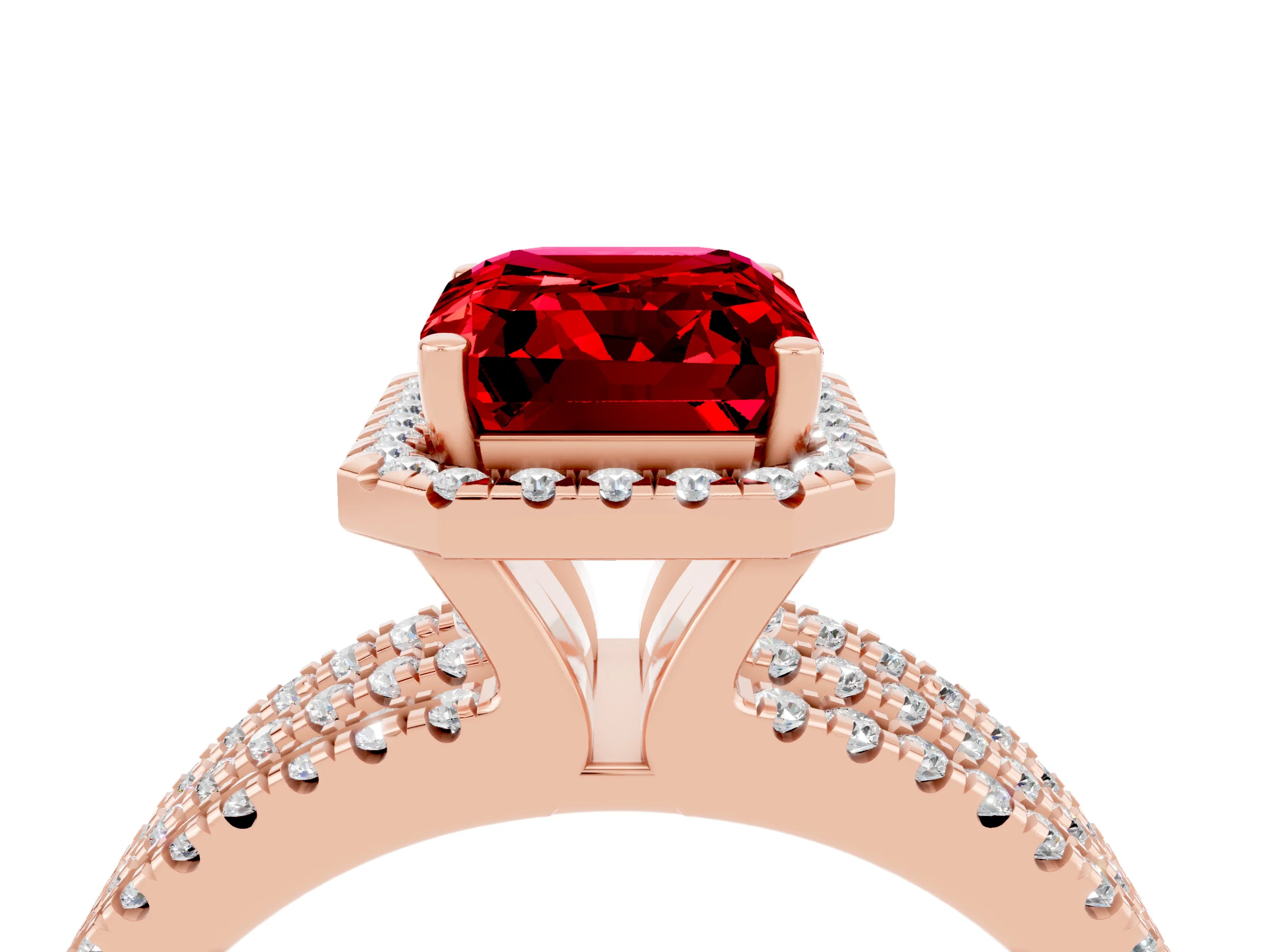 Rose gold {shape_name} Ruby Halo Engagement Ring with Split Shank and Four-Prong Setting_4