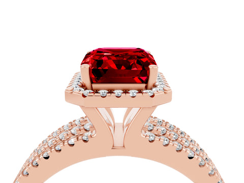 Rose gold {shape_name} Ruby Halo Engagement Ring with Split Shank and Four-Prong Setting_4