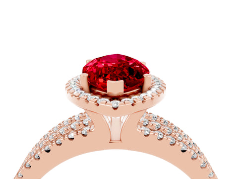 Rose gold {shape_name} Ruby Halo Engagement Ring with Split Shank and Four-Prong Setting_4