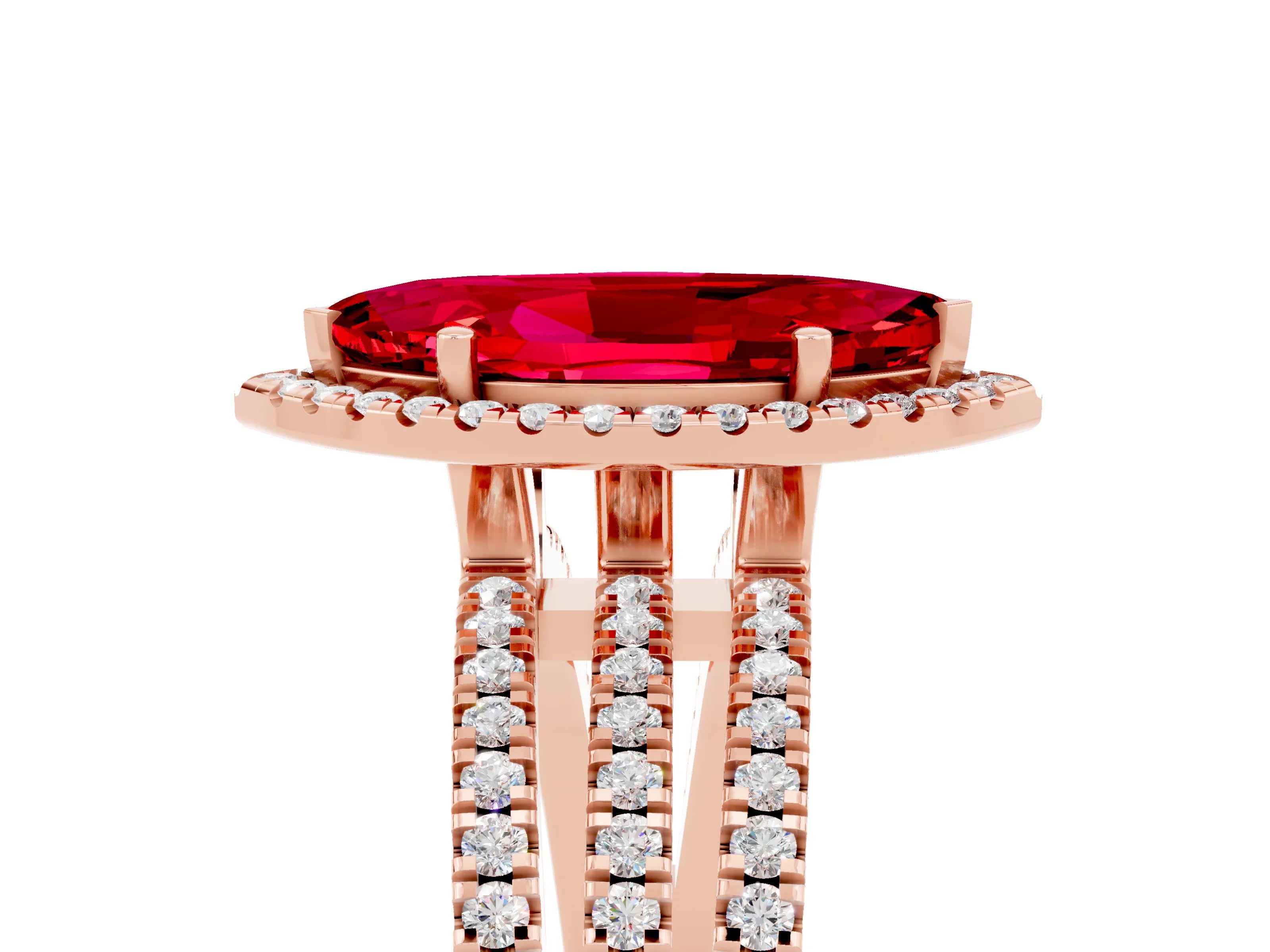 Rose gold {shape_name} Ruby Halo Engagement Ring with Split Shank and Four-Prong Setting_5