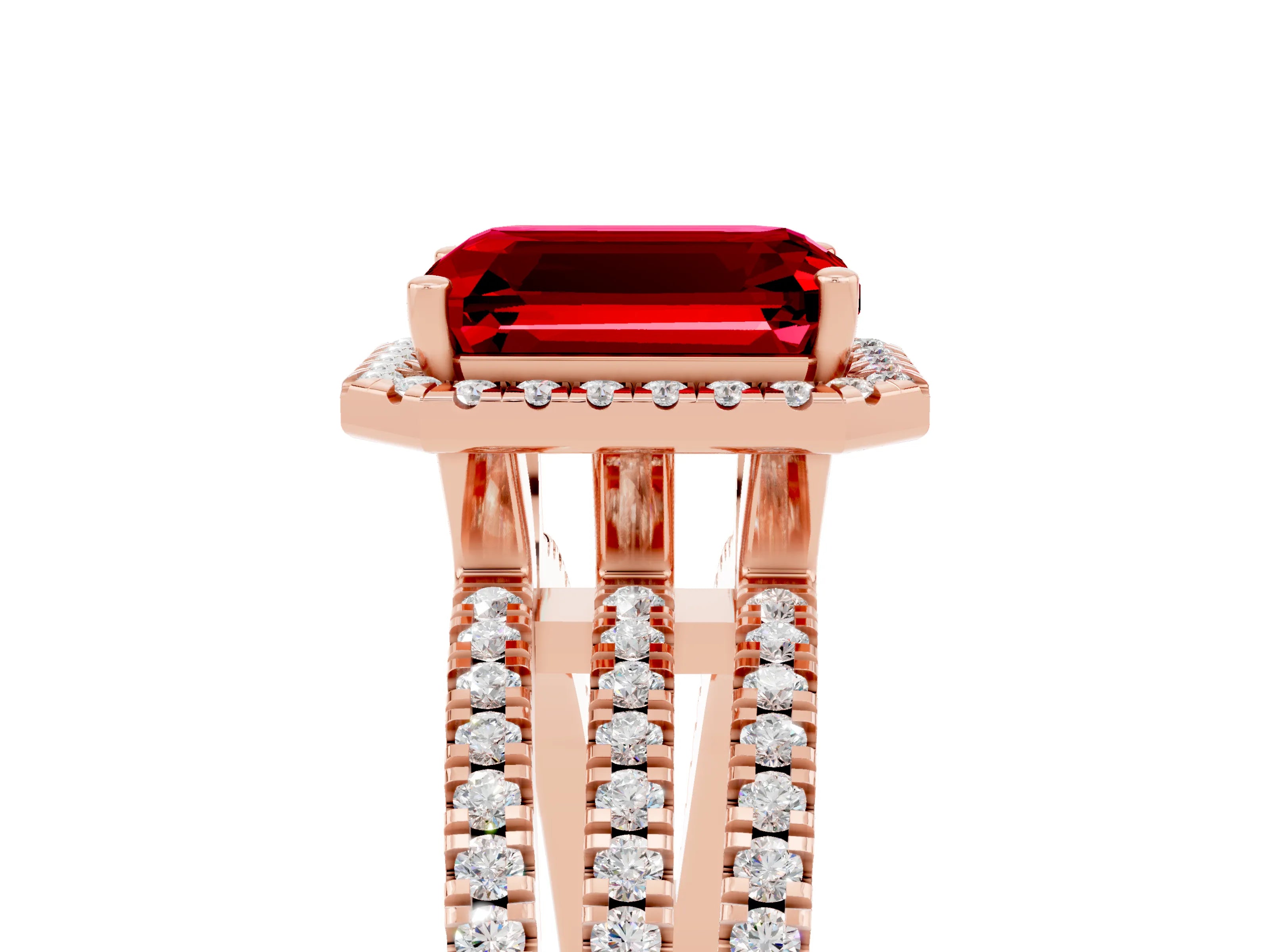 Rose gold {shape_name} Ruby Halo Engagement Ring with Split Shank and Four-Prong Setting_5