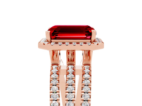 Rose gold {shape_name} Ruby Halo Engagement Ring with Split Shank and Four-Prong Setting_5