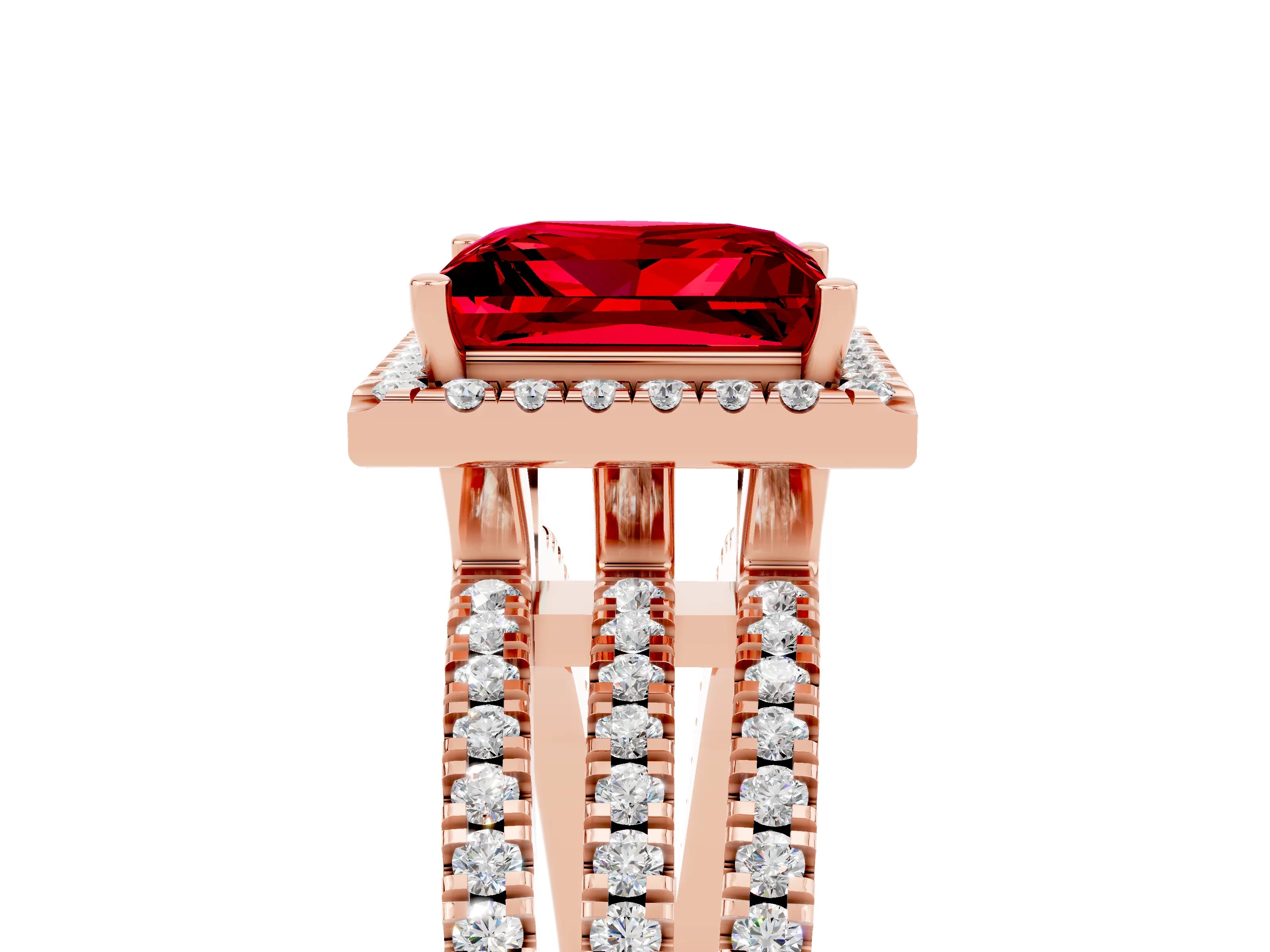 Rose gold {shape_name} Ruby Halo Engagement Ring with Split Shank and Four-Prong Setting_5