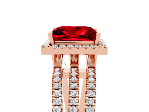 Rose gold {shape_name} Ruby Halo Engagement Ring with Split Shank and Four-Prong Setting_5