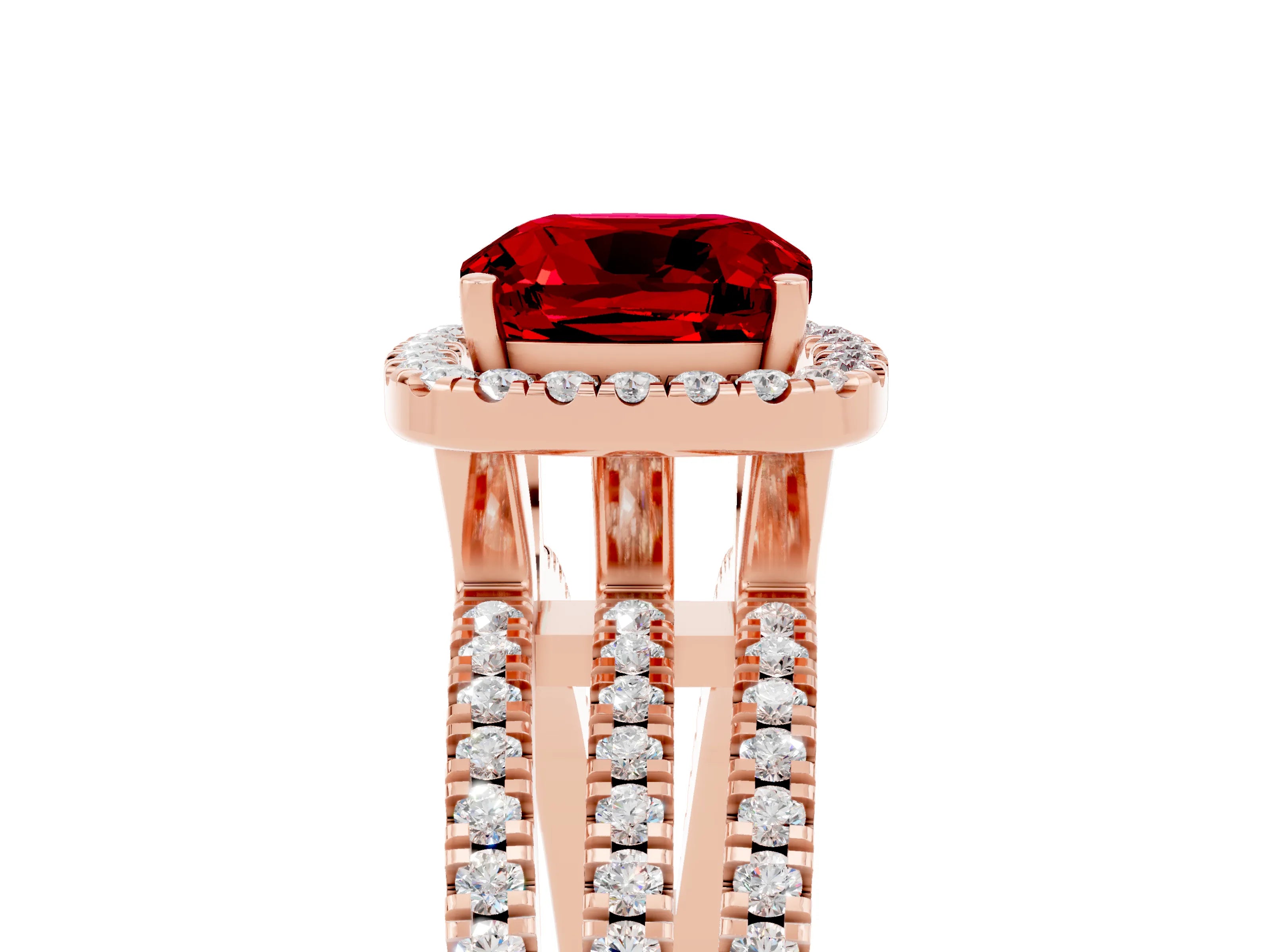 Rose gold {shape_name} Ruby Halo Engagement Ring with Split Shank and Four-Prong Setting_5