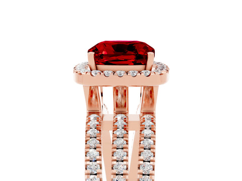 Rose gold {shape_name} Ruby Halo Engagement Ring with Split Shank and Four-Prong Setting_5
