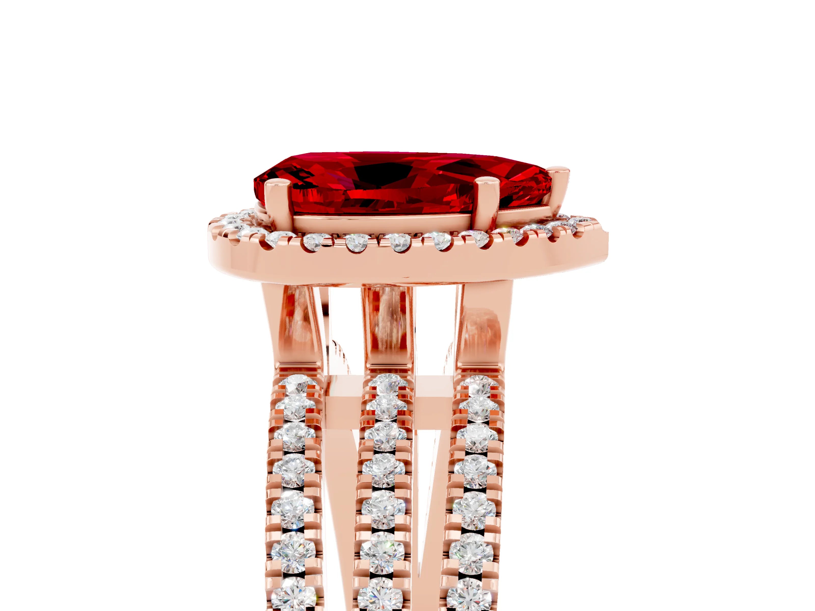 Rose gold {shape_name} Ruby Halo Engagement Ring with Split Shank and Four-Prong Setting_5