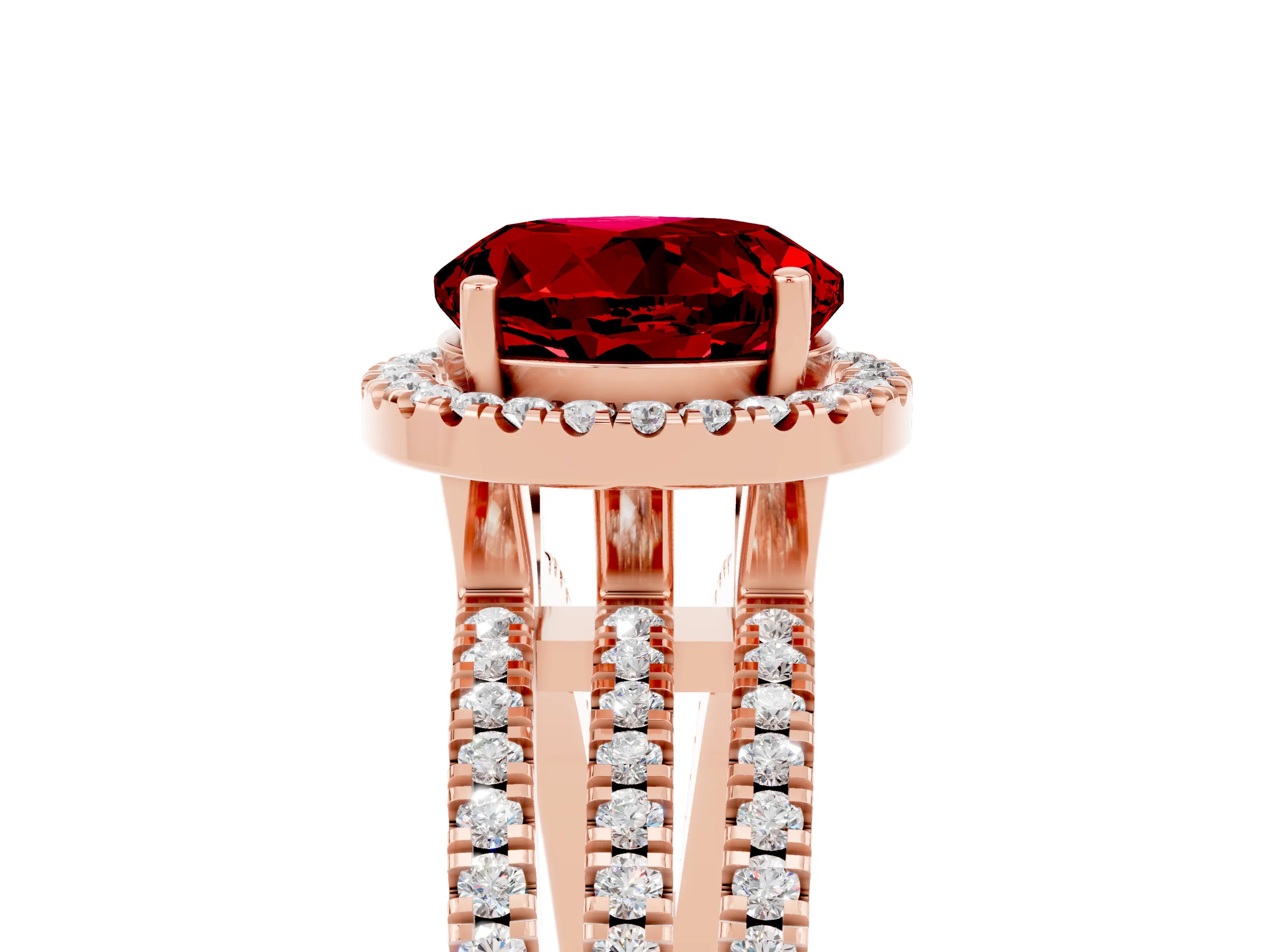 Rose gold {shape_name} Ruby Halo Engagement Ring with Split Shank and Four-Prong Setting_5
