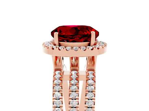 Rose gold {shape_name} Ruby Halo Engagement Ring with Split Shank and Four-Prong Setting_5