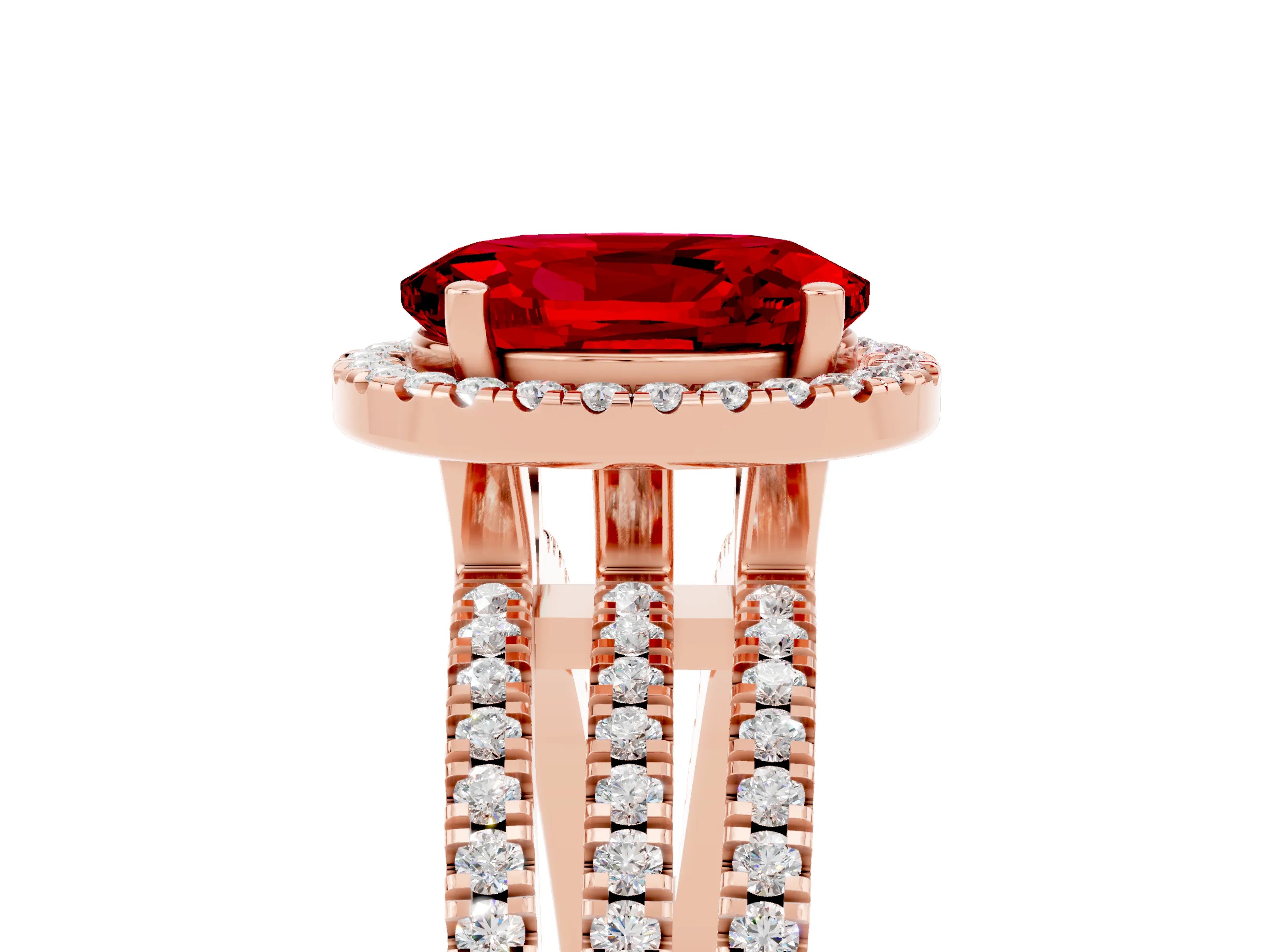 Rose gold {shape_name} Ruby Halo Engagement Ring with Split Shank and Four-Prong Setting_5